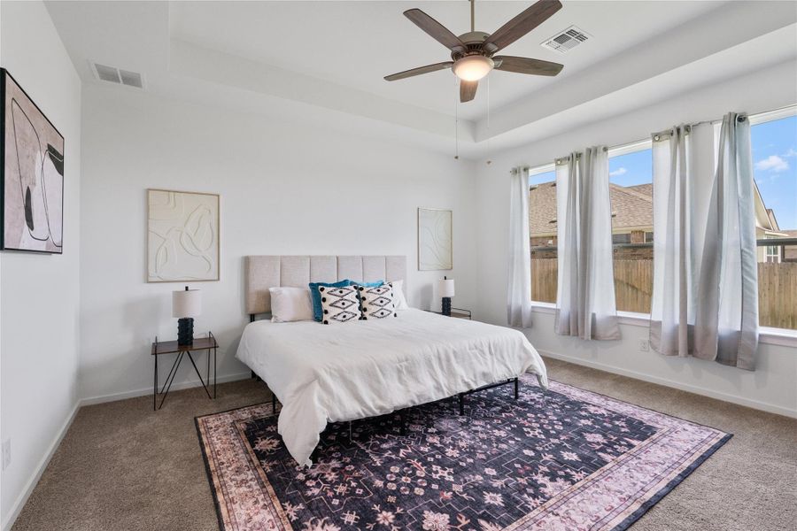 Relax in comfort within this well-lit primary bedroom featuring a tray ceiling and ample window views.