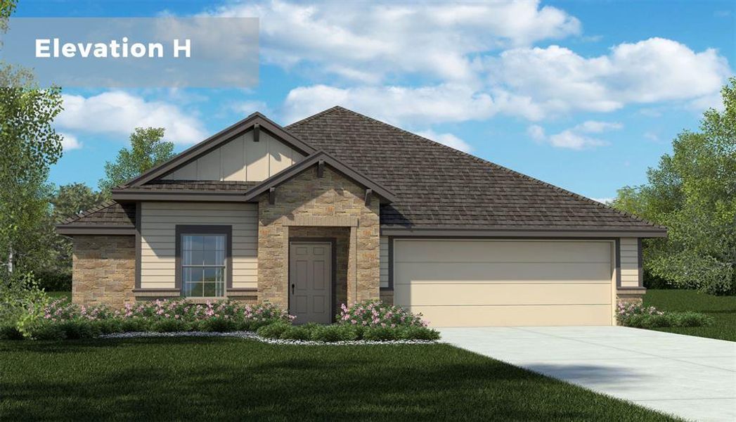 Craftsman inspired home featuring stone siding, a front yard, concrete driveway, a garage, and board and batten siding Craftsman inspired home featuring stone siding, a front yard, concrete driveway, a garage, and board and batten siding