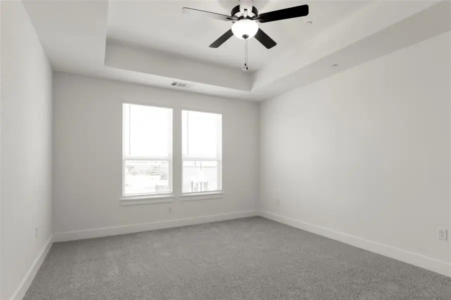 Spare room featuring a raised ceiling, carpet floors, and ceiling fan