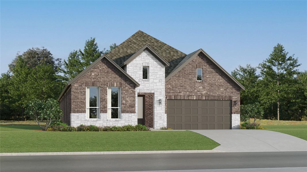 Front exterior of a new home in The Highlands, Porter, TX, highlighting curb appeal (Image 1). Front exterior of a new home in The Highlands, Porter, TX, highlighting curb appeal (Image 1).