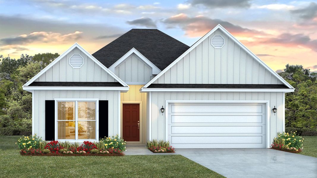 Front exterior of a new home in Buffer Farms, Port Saint Joe, FL, highlighting curb appeal (Image 2). Front exterior of a new home in Buffer Farms, Port Saint Joe, FL, highlighting curb appeal (Image 2).