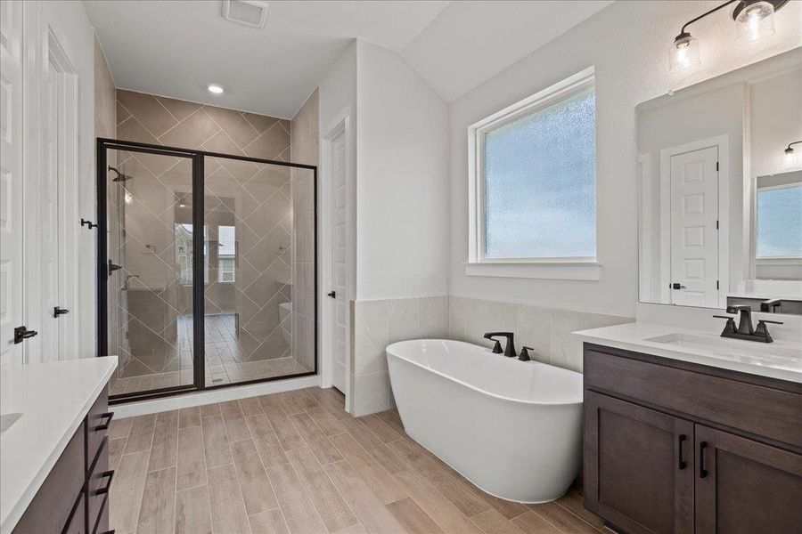 Full bathroom featuring vanity, a soaking tub, a stall shower, wainscoting, and wood finish floors Full bathroom featuring vanity, a soaking tub, a stall shower, wainscoting, and wood finish floors