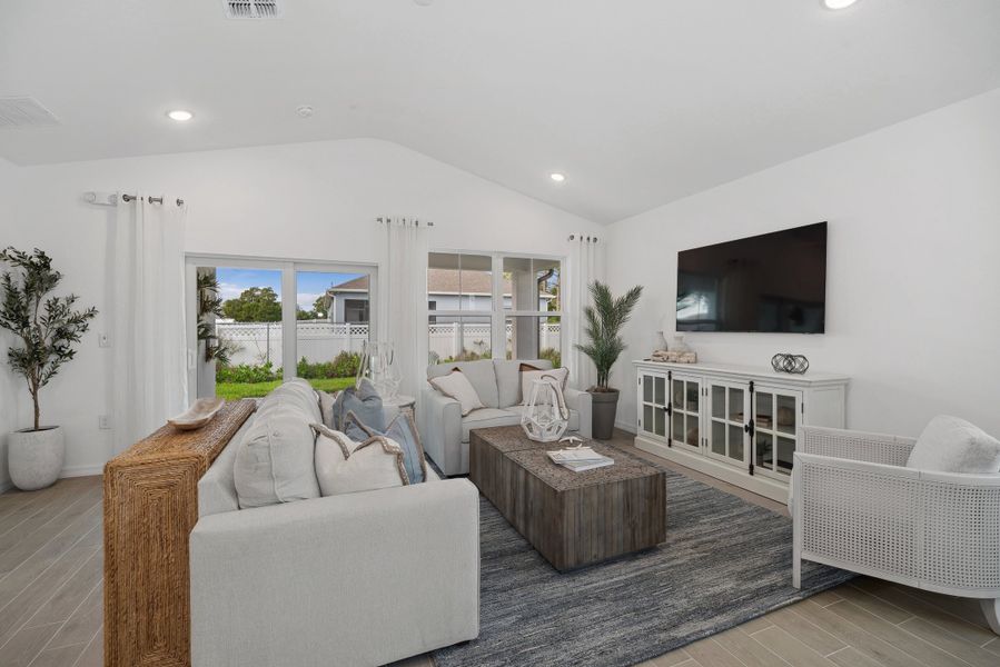 Great room with vaulted ceiling