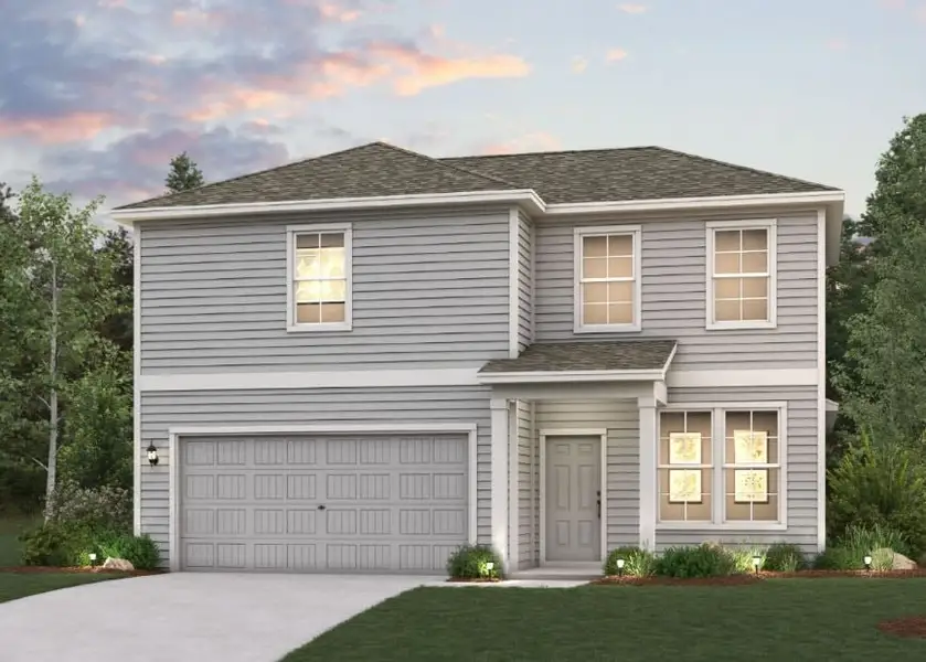 A grey house with a garage.