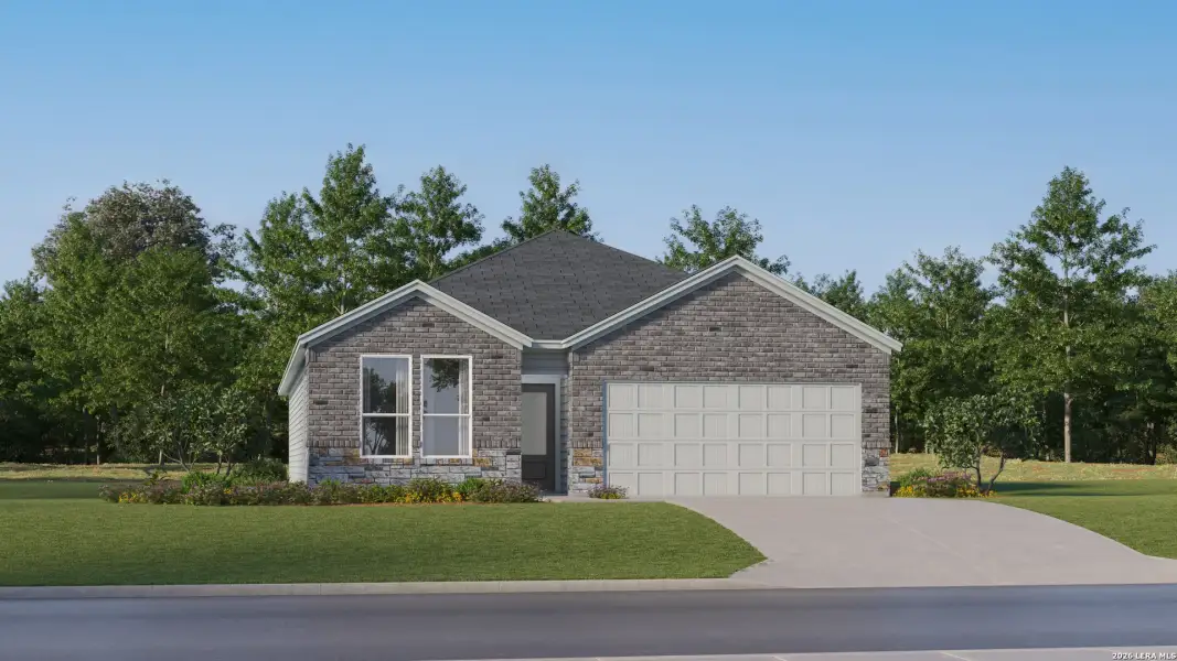 Front exterior of a new home in Grace Valley, Cibolo, TX, highlighting curb appeal (Image 21). Front exterior of a new home in Grace Valley, Cibolo, TX, highlighting curb appeal (Image 21).