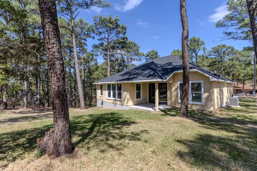 Back of property with a patio area, a yard, and roof with shingles