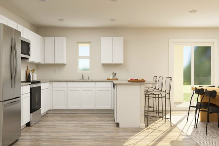 A kitchen with white cabinets.