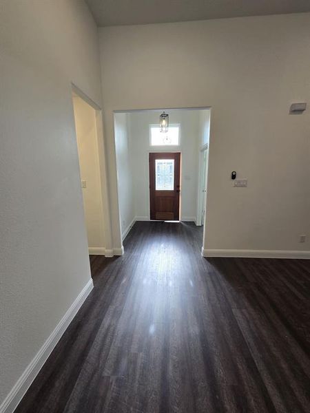 Foyer entrance featuring dark hardwood / wood-style floors and a high ceiling