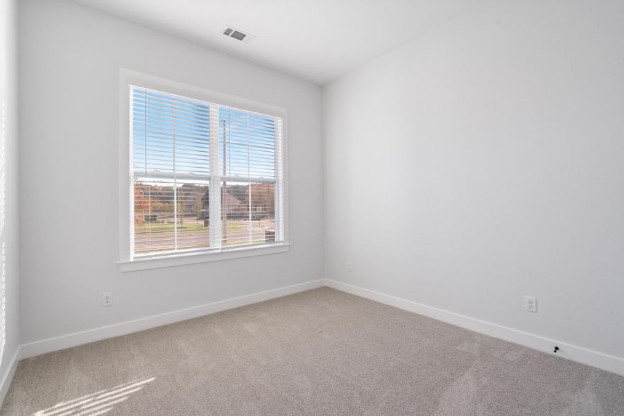 Neutral wall paint, plush carpeting, and a large window with blinds