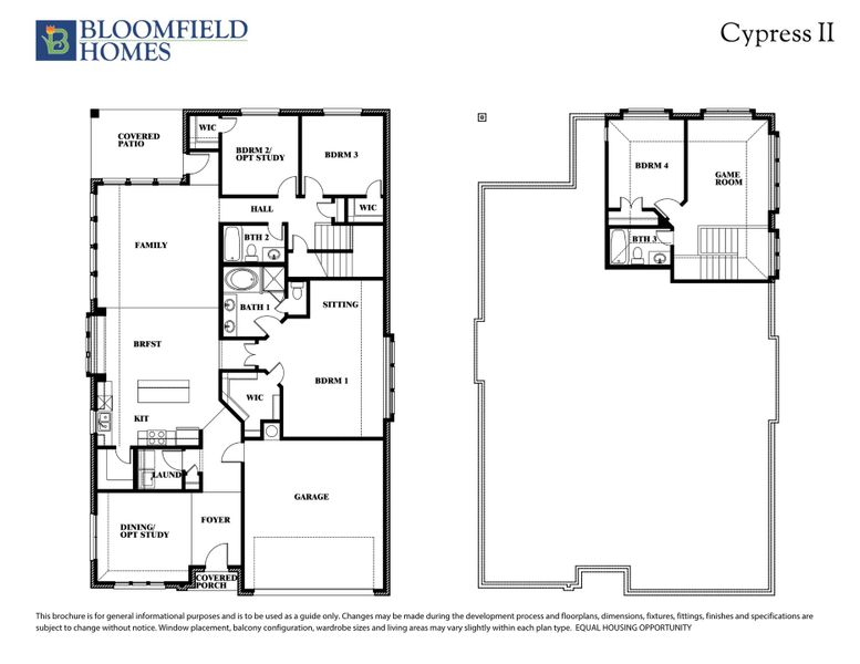 Bloomfield Homes Cypress II two-story floor plan with four bedrooms, three bathrooms, game room, and covered patio. Bloomfield Homes Cypress II two-story floor plan with four bedrooms, three bathrooms, game room, and covered patio.