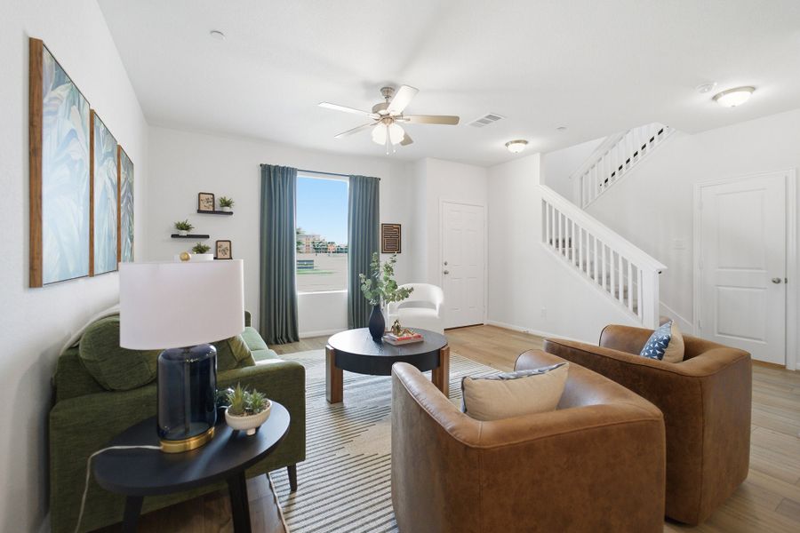 Representative furnished interior of a home built from the Pei by CastleRock Communities in Municipal Drive Townhomes, Leander (Image 9). Representative furnished interior of a home built from the Pei by CastleRock Communities in Municipal Drive Townhomes, Leander (Image 9).