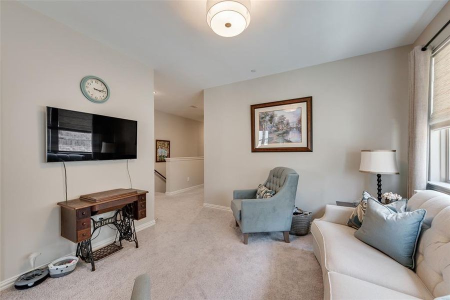 Carpeted living room with baseboards