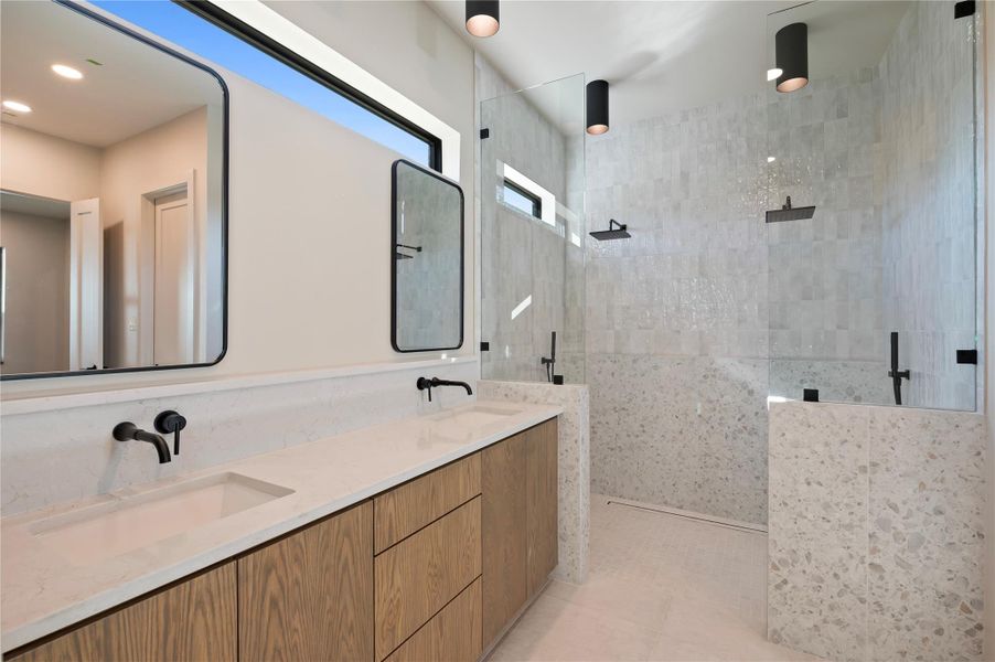 Lux double vanity and walk-in shower with dual shower heads