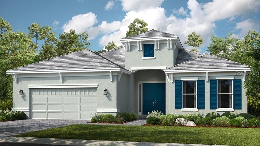 Front exterior of a new home in Esplanade at Skye Ranch, Sarasota, FL, highlighting curb appeal (Image 1). Front exterior of a new home in Esplanade at Skye Ranch, Sarasota, FL, highlighting curb appeal (Image 1).