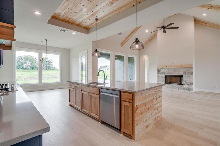 Kitchen featuring light hardwood / wood-style floors, a fireplace, stainless steel dishwasher, an island with sink, and decorative light fixtures