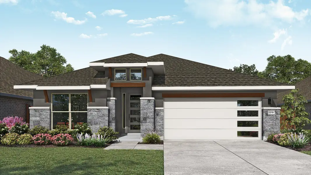 Representative exterior photo of a completed home built from the Oleander by DRB Homes in Whisper South, San Marcos, TX (Image 7). Representative exterior photo of a completed home built from the Oleander by DRB Homes in Whisper South, San Marcos, TX (Image 7).