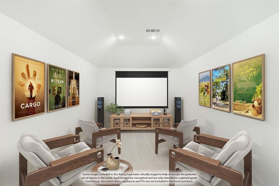 Home theater room with projection screen, four armchairs, floor speakers, and movie posters on white walls