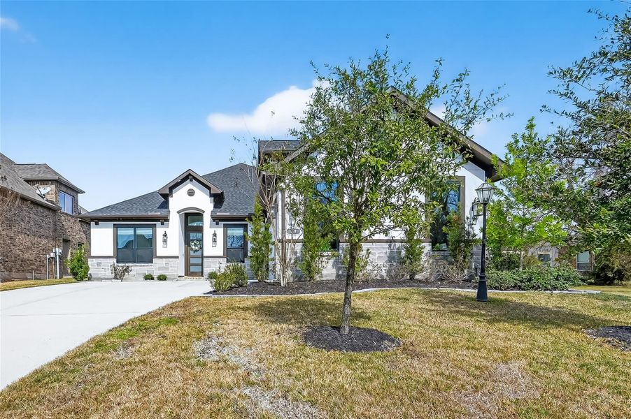 Front yard view highlighting trees and open lawn. Front yard view highlighting trees and open lawn.