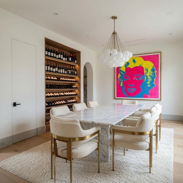 Virtually staged. Set the table and the room shows its full intention. A bold portrait, a cloud of glass globes overhead, a wall of wine within reach. Virtually staged. Set the table and the room shows its full intention. A bold portrait, a cloud of glass globes overhead, a wall of wine within reach.