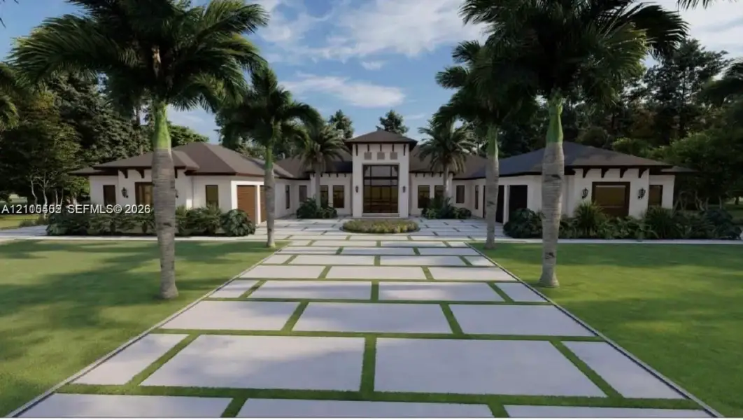 Contemporary exterior featuring a stucco facade, multi-gabled roofline, paver driveway with integrated turf grid, and mature palm trees Contemporary exterior featuring a stucco facade, multi-gabled roofline, paver driveway with integrated turf grid, and mature palm trees