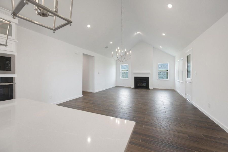 Kitchen island overlooks the dining area and great room