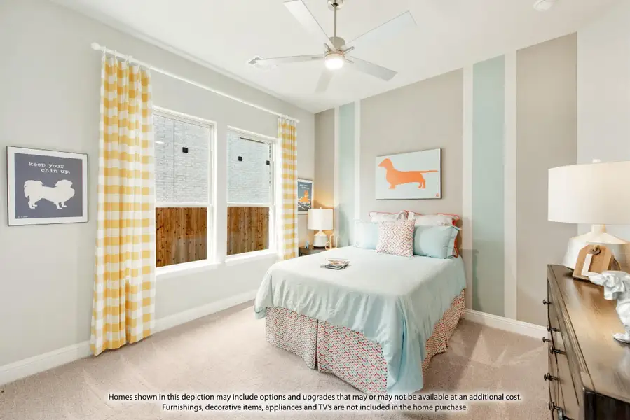 Bedroom with light blue bedding, yellow plaid curtains, ceiling fan, and carpet flooring Bedroom with light blue bedding, yellow plaid curtains, ceiling fan, and carpet flooring