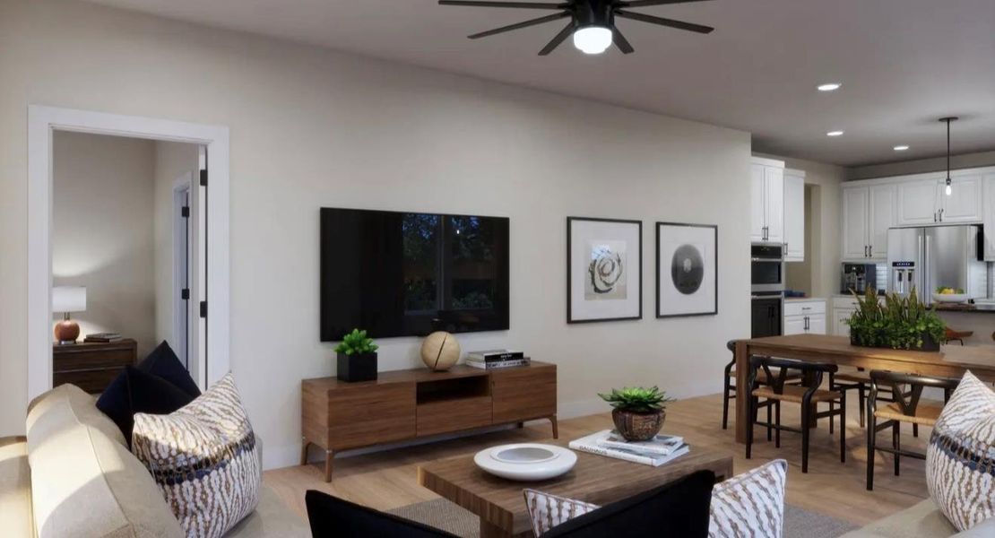 Living room featuring recessed lighting, ceiling fan, and light wood-type flooring