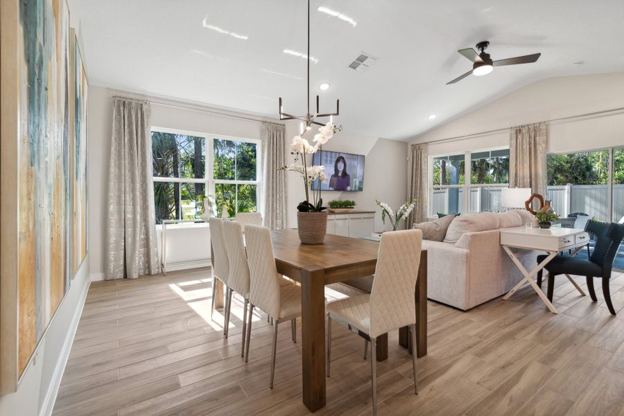 Dining area with chandelier