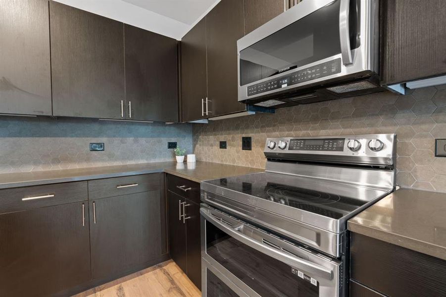 High-end stainless Samsung appliances.