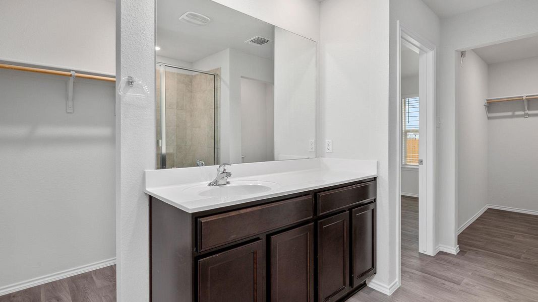 Full bath featuring a spacious closet, vanity, light wood-style floors, and a stall shower
