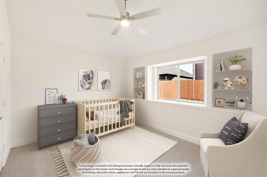 Nursery with wood crib, gray dresser, built-in shelves, and ceiling fan on carpeted floor Nursery with wood crib, gray dresser, built-in shelves, and ceiling fan on carpeted floor