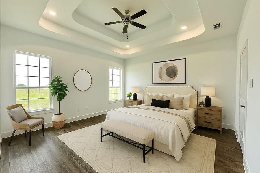 Virtual staging bedroom featuring a tray ceiling, dark wood-style floors, a ceiling fan, and recessed lighting Virtual staging bedroom featuring a tray ceiling, dark wood-style floors, a ceiling fan, and recessed lighting