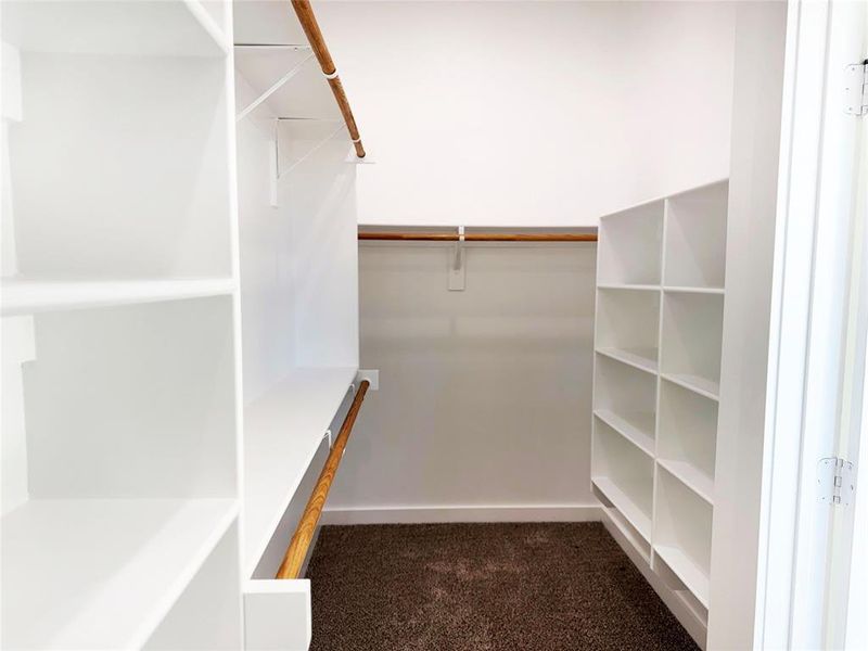 Spacious closet with dark colored carpet