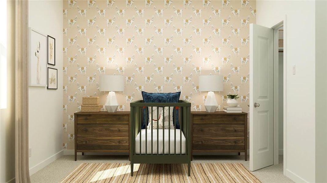 Carpeted bedroom featuring baseboards and wallpapered walls