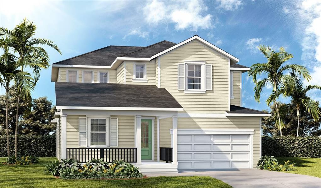 Front exterior of a new home in Primrose at Longleaf, New Port Richey, FL, highlighting curb appeal (Image 1).