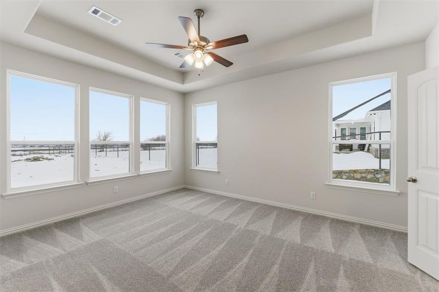 Empty room featuring a tray ceiling, light carpet, and a ceiling fan Empty room featuring a tray ceiling, light carpet, and a ceiling fan