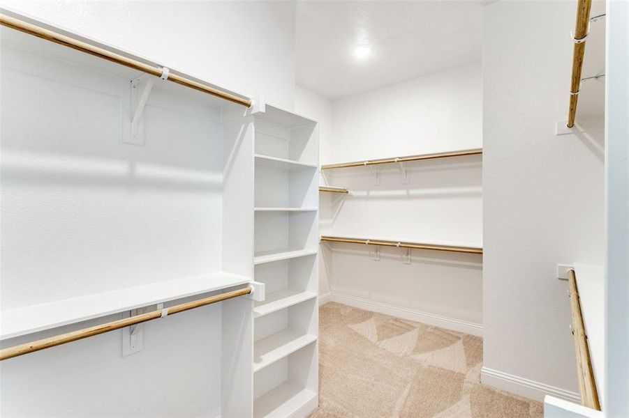 Walk in closet with light colored carpet