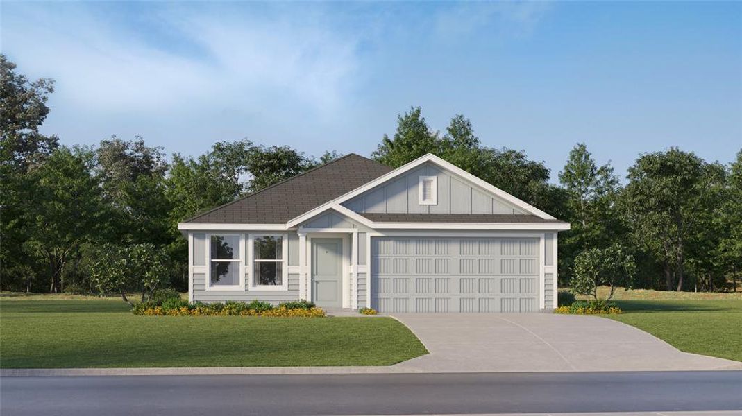 View of front of home with a garage and a front lawn