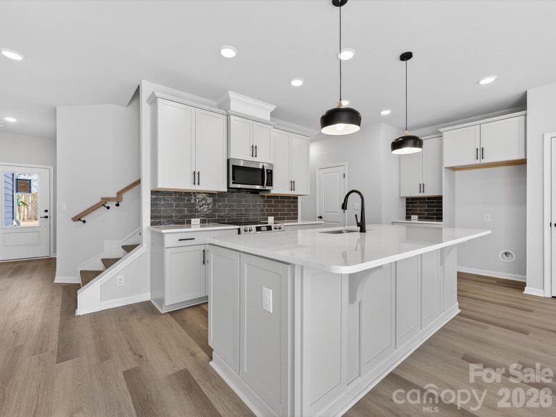 Frost cabinets with quartz countertops, soft close doors & drawers, sold shelving in pantry.