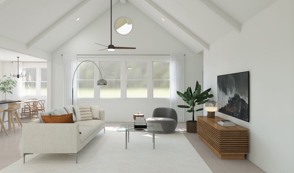 Great room with vaulted ceiling and white-painted ceiling beams