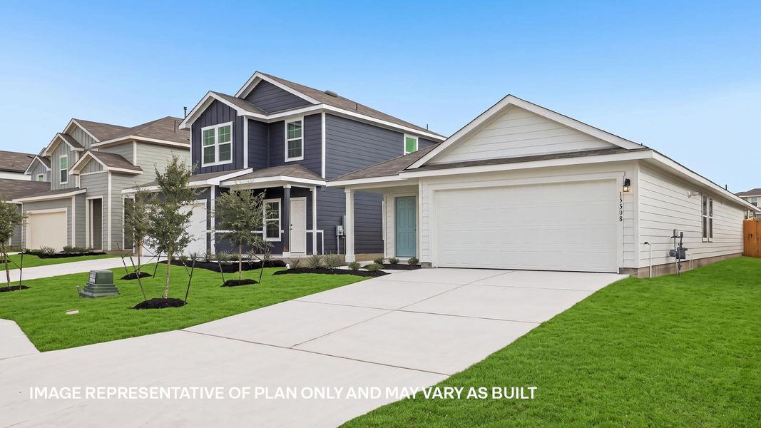 Front exterior of a new home in Durango, Mustang Ridge, TX, highlighting curb appeal (Image 20).