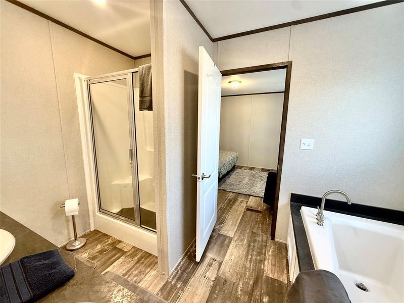 Ensuite bathroom featuring dark wood-style floors, a bathtub, a stall shower, ornamental molding, and vanity