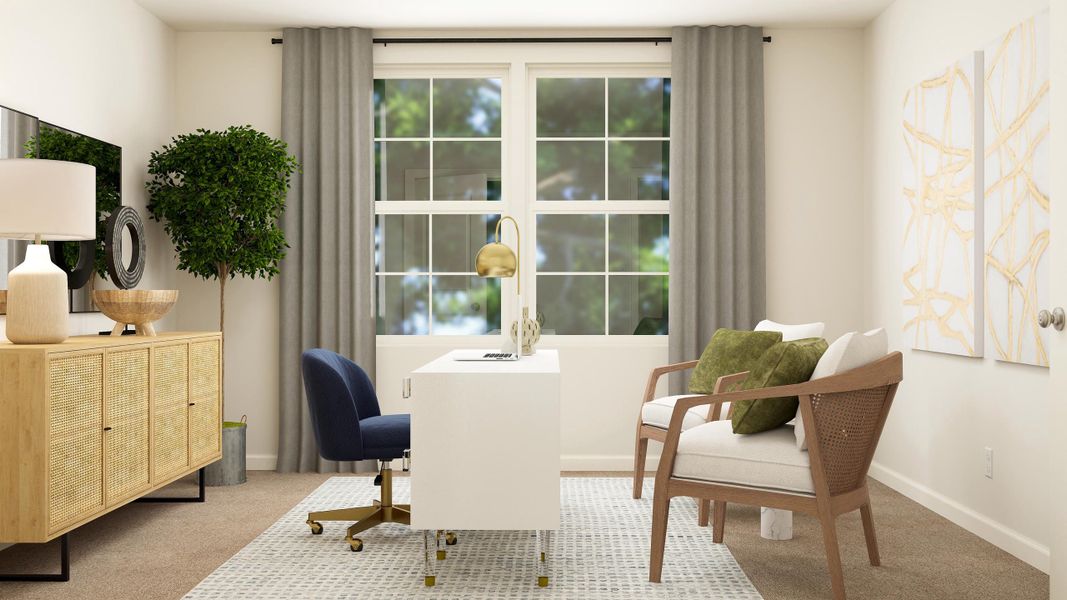 A room with a table chairs and a window with plants.