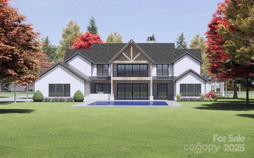 This image features the rear view of the proposed, luxury modern farmhouse, artfully blending rustic charm with sleek, contemporary design. (Pool not included).