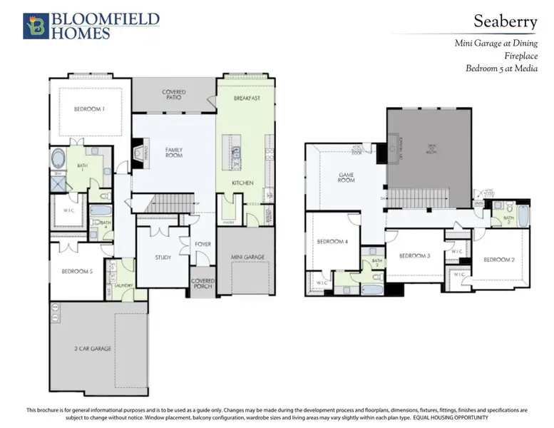 Bloomfield Homes Seaberry two-story floor plan with five bedrooms, game room, study, and two-car garage. Bloomfield Homes Seaberry two-story floor plan with five bedrooms, game room, study, and two-car garage.