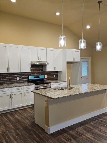 Kitchen featuring stainless steel range with electric stovetop, white cabinetry, dark wood-type flooring, tasteful backsplash, and sink