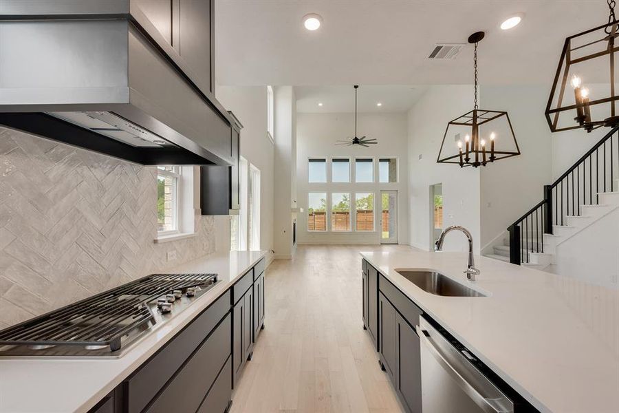 Kitchen featuring ventilation hood, light wood finished floors, a ceiling fan, stainless steel appliances, and recessed lighting Kitchen featuring ventilation hood, light wood finished floors, a ceiling fan, stainless steel appliances, and recessed lighting