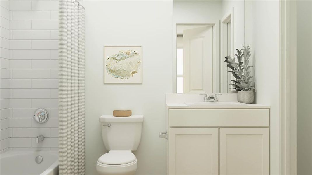 Full bathroom featuring shower / bath combination with curtain, vanity, and toilet