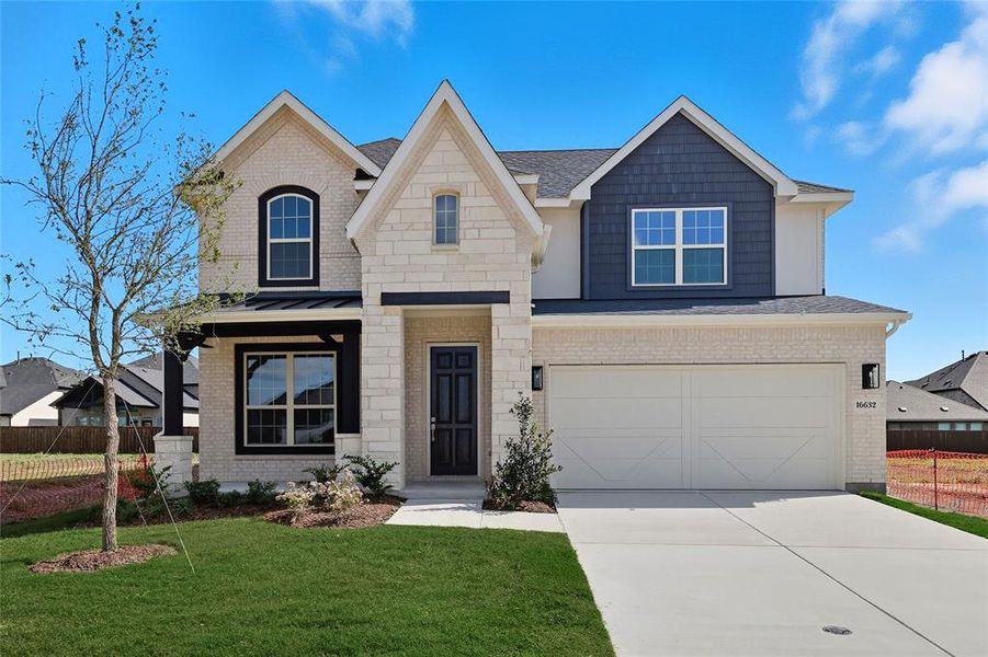 Craftsman house with a garage, concrete driveway, brick siding, and a standing seam roof Craftsman house with a garage, concrete driveway, brick siding, and a standing seam roof