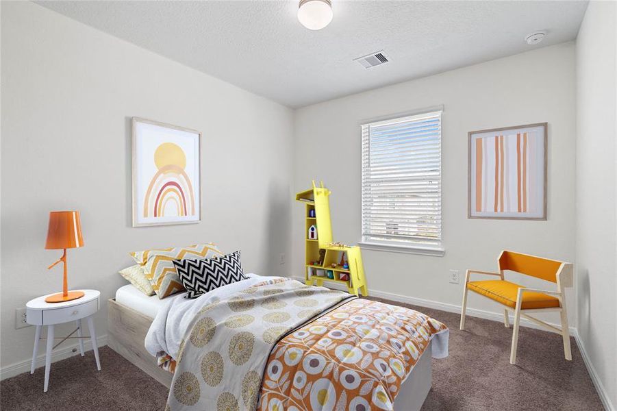 Secondary bedroom features plush carpet, custom paint and a large window with privacy blinds.